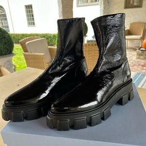 Prada black monolith boots ankle stretch platform shiny patent 40.5 10.5 NIB